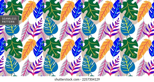 Cheerful summer seamless vector pattern with twigs, leaves, palm leaves, monstera leaves for print, pastille, wrapping paper, covers and wallpapers