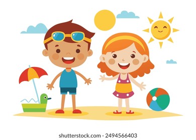 Cheerful Summer Season vector illustration. Explore our "Cheerful Summer Season Kids Images featuring vibrant and playful illustrations of children enjoying summer activities.