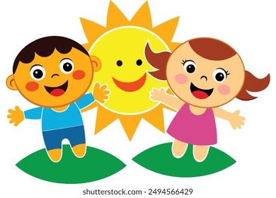 Alegre Ilustración vectorial de la temporada de verano. Explore nuestras "Alegres Imágenes de verano para niños" con ilustraciones vibrantes y lúdicas de niños disfrutando de actividades de verano.