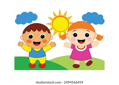 Cheerful Summer Season vector illustration. Explore our "Cheerful Summer Season Kids Images featuring vibrant and playful illustrations of children enjoying summer activities.