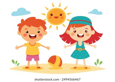 Cheerful Summer Season vector illustration. Explore our "Cheerful Summer Season Kids Images featuring vibrant and playful illustrations of children enjoying summer activities.