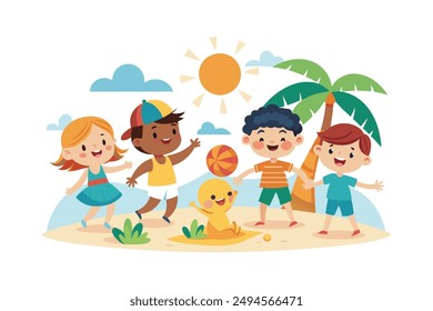 Cheerful Summer Season vector illustration. Explore our "Cheerful Summer Season Kids Images featuring vibrant and playful illustrations of children enjoying summer activities.