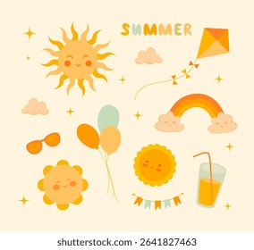 A cheerful summer set with cute suns, rainbow, kite, drink, balloons in warm yellow colours on a light cream background. Great for stickers, packaging, pin, kids print and products, texttile, card