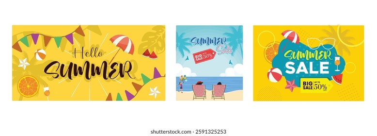 Cheerful summer. Summer shopping ads. Special offer during summer. Summer concept. Set flat vector illustration.