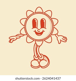 Cheerful summer sun character retro mascot with smiling face and cute shoes. Summer fun symbol
