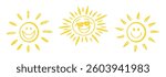 Cheerful summer-themed doodle collection featuring sun, smiley faces, thumbs up, discounts, and tropical holiday icons. Perfect for seasonal promotions, fun sales, and sunny vacation ads