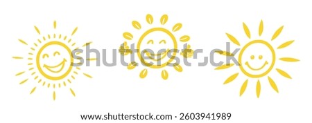 Cheerful summer-themed doodle collection featuring sun, smiley faces, thumbs up, discounts, and tropical holiday icons. Perfect for seasonal promotions, fun sales, and sunny vacation ads