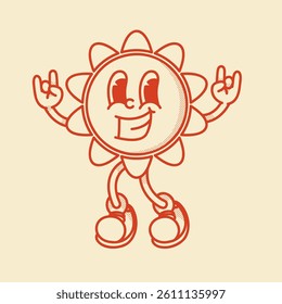 Cheerful sun character retro mascot with smiling face, shoes, hands in rock gesture. Cute spring or summer symbol