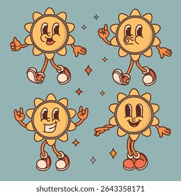 Cheerful sun character retro mascot with smiling face, shoes, hands in rock gesture. Cute spring or summer symbol