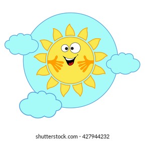 Cheerful sun and clouds in the sky. Vector illustration.