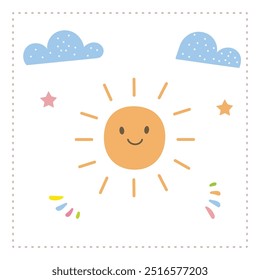 Cheerful sun, clouds, and stars illustration, ideal for kids' decor, prints, or playful designs