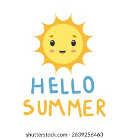 Cheerful sun graphic with the words hello summer expressing joy for the summer season
