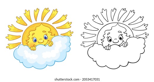 Cheerful sun hides behind a cloud. Colorful and outline drawing. In cartoon style. Isolated on white background. Vector illustration. For coloring book.
