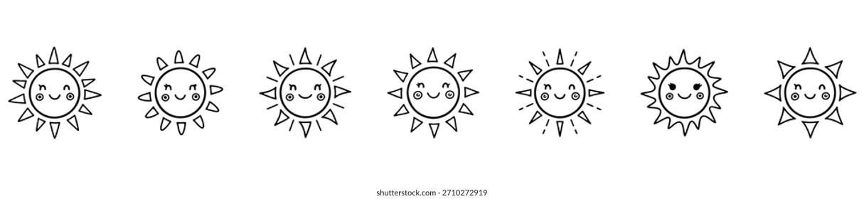 Un alegre conjunto de iconos de sol con caras sonrientes y estilos de rayos variados. Perfecto para imágenes lúdicas o estacionales.