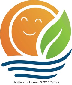 Un alegre sol con hojas y olas, que simboliza la energía ecológica y la protección del medio ambiente. Esta Ilustración vectorial captura la esencia de la naturaleza y la sostenibilidad.