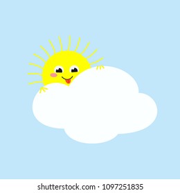 Cheerful sun looking out from behind a cloud and teasing showing its tongue. Vector illustration 