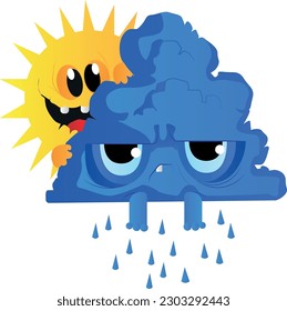 A cheerful sun looks out from behind a cloudy rain cloud