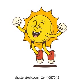Cheerful sun mascot with eyes closed jumping up with joy and raised arms in playful retro cartoon style. Ideal for summer designs, branding, stickers, and children’s content. Vector illustration