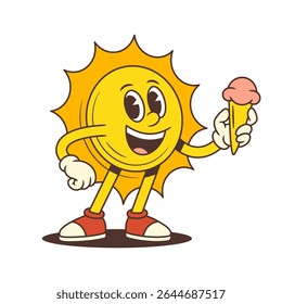 Cheerful sun mascot standing and holding an ice cream cone with a joyful smile in vintage cartoon design. Ideal for summer designs, children’s projects, and branding. Vector illustration