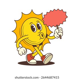 Cheerful sun mascot whistling while walking and holding an empty red signboard ideal for advertising use. Suitable for summer, vacation, marketing, and branding projects. Vector illustration