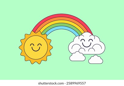 Cheerful sun and rainbow with smiling clouds logo design for playful branding in children's products