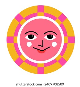 Cheerful sun with rays. Isolated smiling circle with eyes, nose and emotion. Emoticons or stickers for social media and messaging apps. Bright, warmth and positive character. Vector in flat style