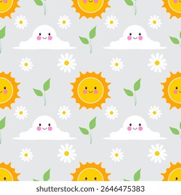 Cheerful Sun, Smiling Clouds, and Daisies A Happy Summer seamless pattern.