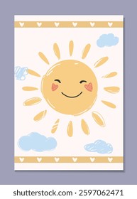 A cheerful sun with a smiling face and rosy cheeks, surrounded by clouds in a soft pastel color palette. Hand-drawn style on a light background. Cute and playful concept. Vector illustration
