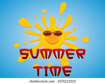 A cheerful sun in sunglasses peeks out from behind in the blue sky.