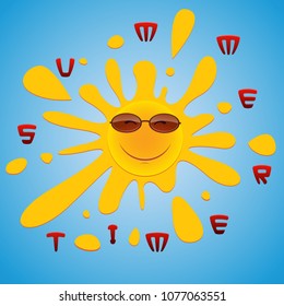 A cheerful sun in sunglasses peeks out from behind in the blue sky.