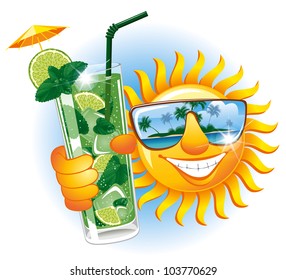 Cheerful sun in the sunglasses with refreshing cocktail