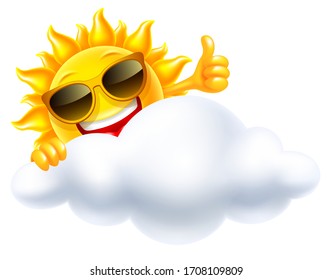 Cheerful sun in sunglasses smiling, peeps out from behind the cloud and shows thumbs up. Design element for weather icon or other ideas. Vector illustration.