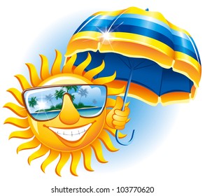 Cheerful sun in the sunglasses with an umbrella