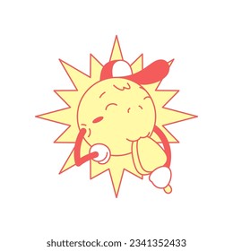 Cheerful sun teenager eating cold ice cream popsicle cartoon character retro 30s animation style icon vector flat illustration. Funny bright sunny mascot with summer refreshing frozen creamy dessert