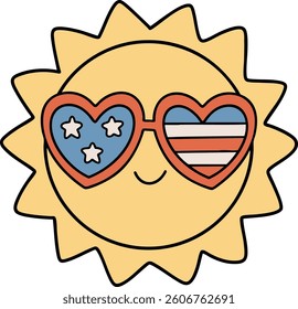 A Cheerful sun wearing heart shaped sunglasses with patriotic colors and stars, perfect