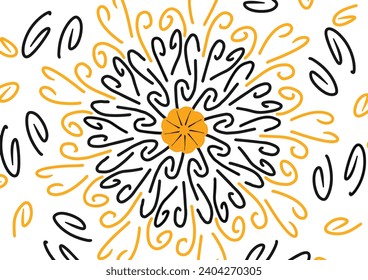 A cheerful sunflower bursts from a black and yellow swirl pattern, its petals reaching for the sun on a white background. Abstract design.