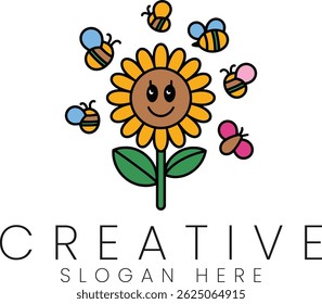 Cheerful sunflower graphic with bees perfect for kids designs cute floral illustration happy cartoon
