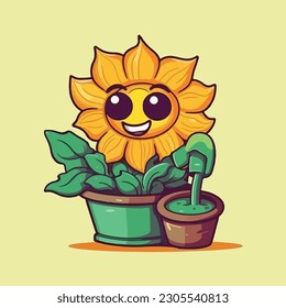 Cheerful sunflower mascot character for gardening supply store.