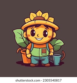 Cheerful sunflower mascot character for gardening supply store.