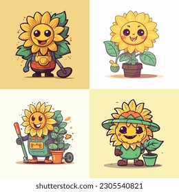 Cheerful sunflower mascot character for gardening supply store.