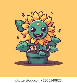 Cheerful sunflower mascot character for gardening supply store.