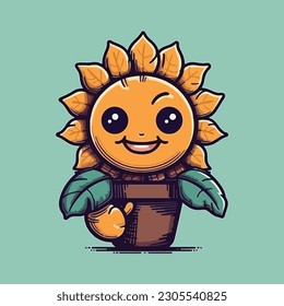 Cheerful sunflower mascot character for gardening supply store.