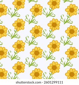 Cheerful Sunflower Pattern on White Background, Hand drawn Flower vector illustration
