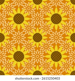Cheerful Sunflower Seamless Pattern on Warm Orange Fabric, Bright Floral Print Textile for Summer Decor and Craft Projects, Sunny Botanical Design
