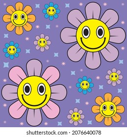 Cheerful sunflower seamless pattern wallpaper on light purple background