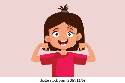 
Cheerful Super Strong Girl Vector Cartoon Character. Little child having strength, will, and vitality due to self confidence 
