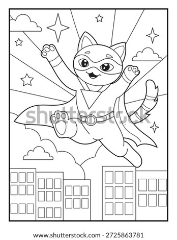cheerful superhero cat jumping above city buildings coloring page for kids.
