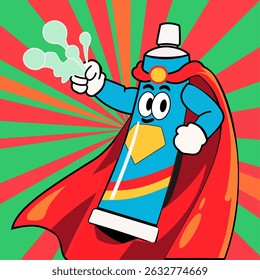 cheerful superhero toothpaste in cape and gloves, spraying bubbles on comic style background, perfect for educational theme