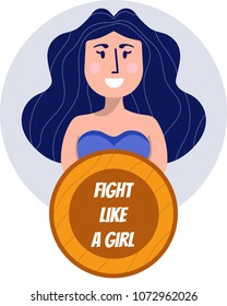 Cheerful superhero woman calling for girlish fight with Fight like a girl feminist slogan on her shield.