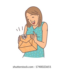 Cheerful surprised woman opening gift box, sketch cartoon vector illustration isolated on white background. Young girl character happy with birthday present.